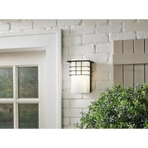 9.65 in. 1-Light Forged Iron Outdoor Wall Lantern Sconce Light with Opal Glass