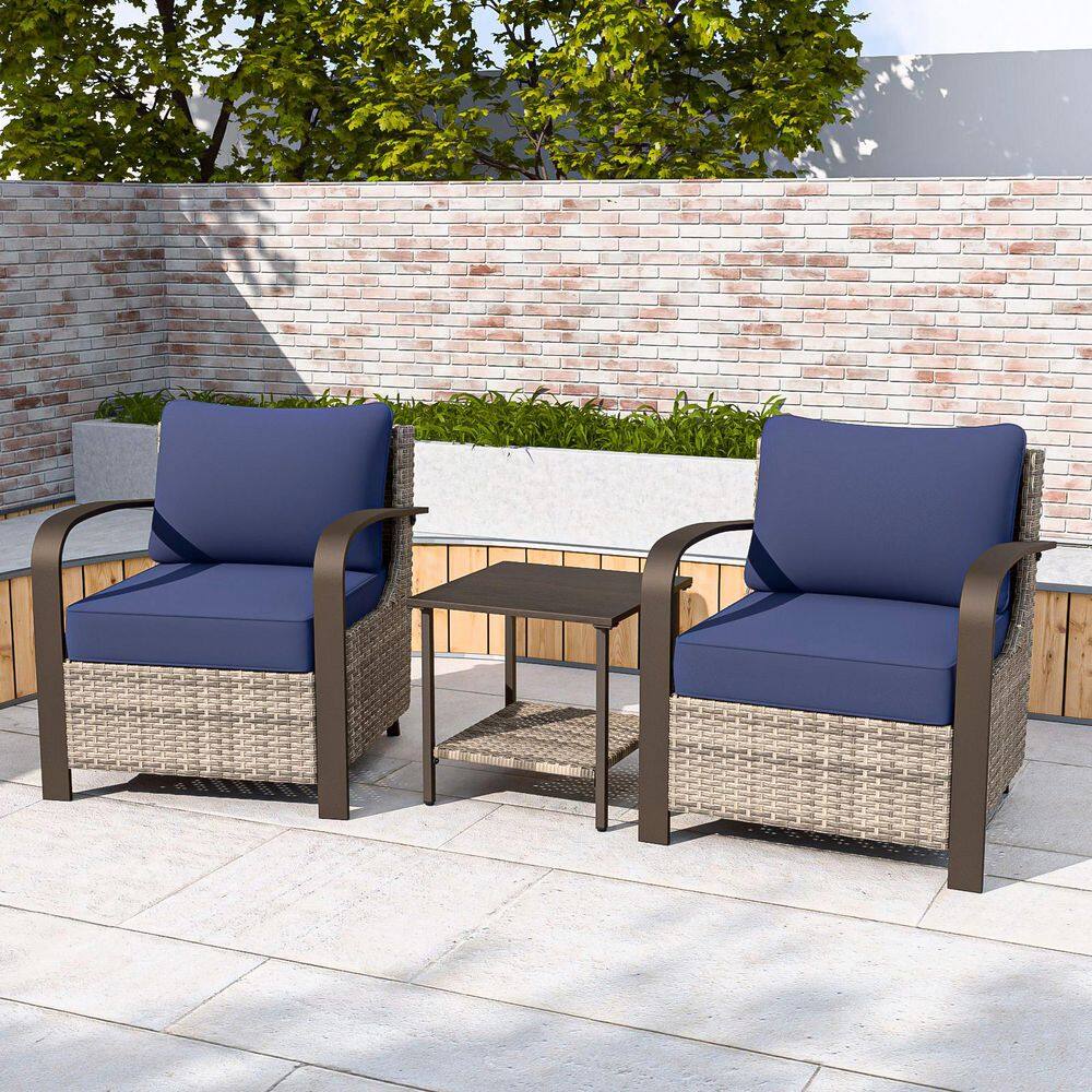3-Piece Ergonomic Armrest Brown Patio Wicker Outdoor Lounge Chair Conversation Set with Blue Cushion, Side Table price history on PriceWatchPro
