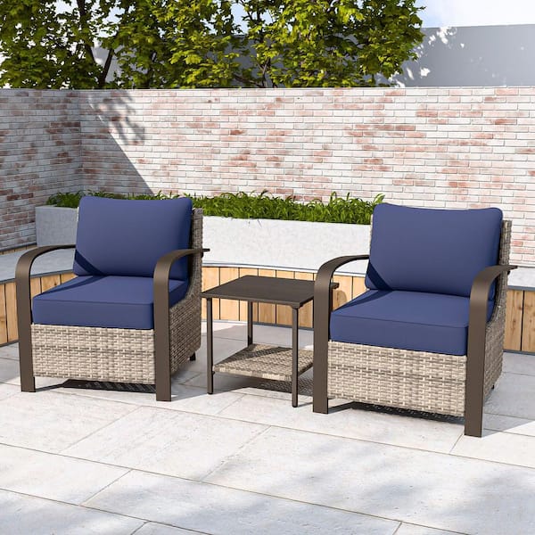 COOS BAY 3-Piece Ergonomic Armrest Brown Patio Wicker Outdoor Lounge Chair Conversation Set with Blue Cushion, Side Table