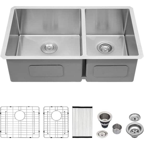 32 in. Undermount Sink Double Bowl 60/40 16-Gauge Brushed Stainless Steel Kitchen Sink with Bottom Grid