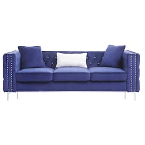 Paige 86 in. Blue Tufted Velvet 3-Seater Sofa with 2-Throw Pillow