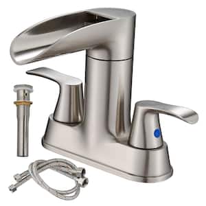 Rotatable 4 in. Centerset Double Bathroom Faucet with Drain kit Included Waterfall Lavatory in Brushed Nickel