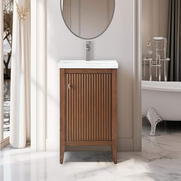 Vanity Art 20 in. W x 15.7 in D x 34 in. H Single Sink Bath Vanity Cabinet in Linear Walnut with White Ceramic Top