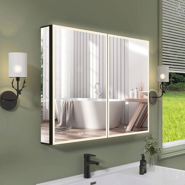 Getpro 40 in. W x 30 in. H Rectangular Black Aluminum Frameless Recessed/Surface Mount Bathroom Medicine Cabinet with Mirror