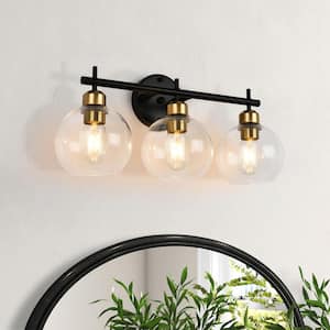 20.08 in. 3-Light Modern/Contemporary Black and Gold Bathroom Vanity Light with Globe Glass Shade