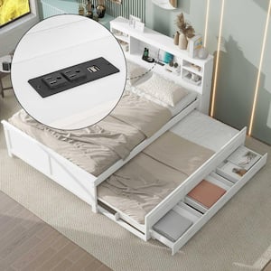 White Wood Frame Full Size Platform Bed ith Storage Headboard, USB, Twin Size Trundle and 3-Drawers