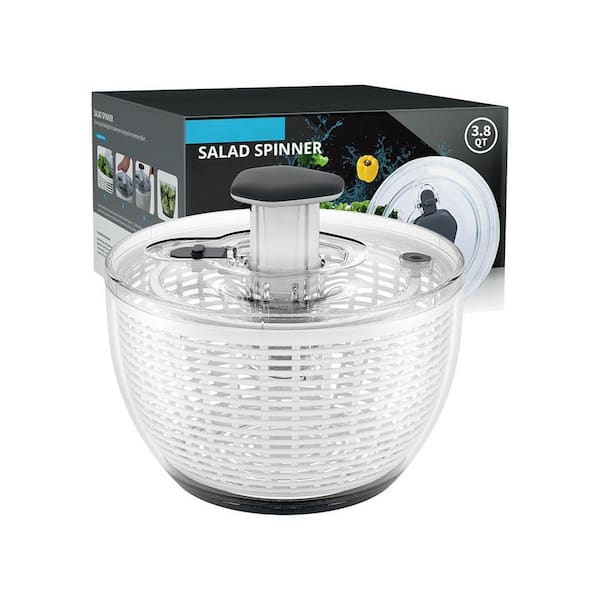 Salad Spinner with 3.8 qt. Transparent Bowl 1-Handed Handle Easy Press for Washing Drying Vegetables White
