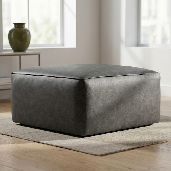 29.75 in. Black Faux Leather Square Accent Medium Ottoman for Living Room, Bedroom