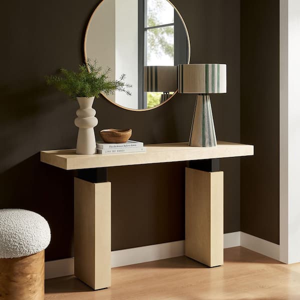 Piston 52 in. Natural Rectangle Wood Sofa Console Table with Slab Legs and Metal Supports