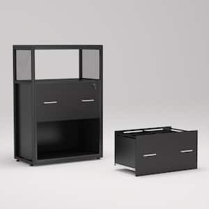 Black File Cabinet with Lockable File Drawers and Open Storage Shelf