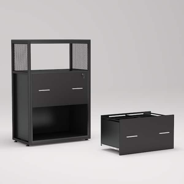 BYBLIGHT Black File Cabinet with Lockable File Drawers and Open Storage Shelf