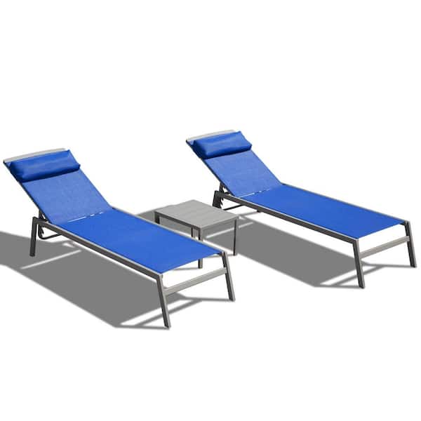 Sudzendf Blue 3-Piece Metal Outdoor Adjustable Pool Chaise Lounge Set with Headrest (2 Lounge Chairs + 1 Table)