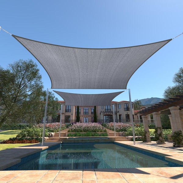 ColourTreeUSA Rectangle Sun Shade Sail with Hardware Kit + Cable Ropes HDPE Mesh Fabric Screen Canopy UV Block 190 GSM - 10' x 20' - Gray
