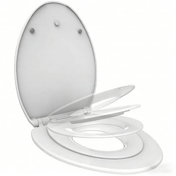 Family Elongated Slow Close Quick Release Anti-Wiggling Built-In Toddler Seat Toilet Seat in White