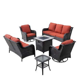 Pluto Brown 6-Piece Wicker Patio Fire Pit Set with Orange Red Cushions and Swivel Rocking Chairs