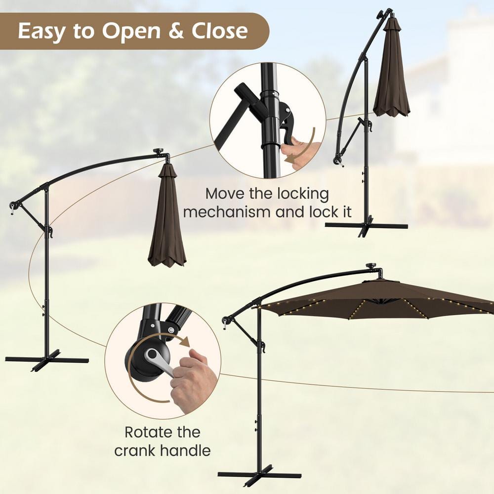 Coffee 10FT Solar-Lighted Cantilever Offset Patio Umbrella