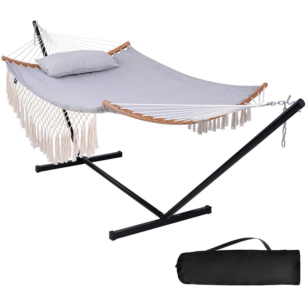 Atesun 12 ft. Hammock with Stand Included, Double Fabric Hammock with Curved Spreader Bar