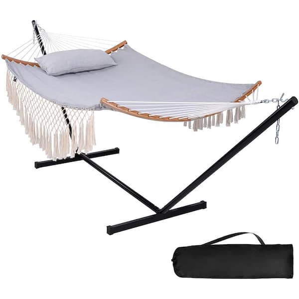 Atesun 12 ft. Hammock with Stand Included, Double Fabric Hammock with Curved Spreader Bar& Decorative Tassels, Blue Pattern