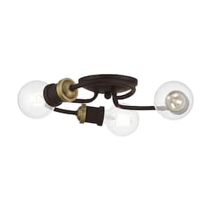 Bromley 13 in. 3-Light Bronze Flush Mount with Antique Brass Accents