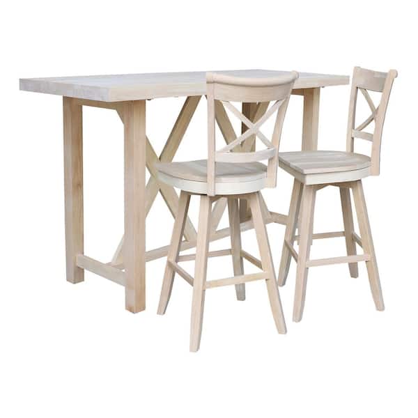 International Concepts 3-Piece Set - Unfinished 72 in Solid Wood Bar Table with 2-Bar Stools