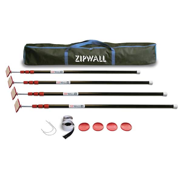 ZipWall ZP4 Contains 4 10 ft. Steel Spring Loaded Poles 4-Heads, 4-Plates, 4-Tethers, 4-Grip Disks, 2-Zippers and 1-Carry Bag
