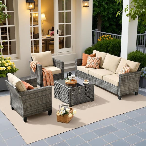 HOOOWOOO Scarlet 4-Piece Wicker Outdoor Furniture Patio Conversation Sofa Set with a Solar Lighted Table and Beige Cushions