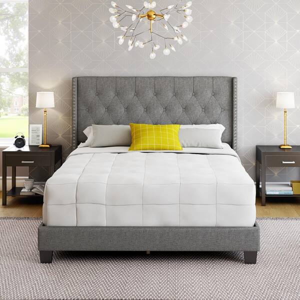 Restrite Marlo Grey Linen Queen, Gray Tufted Bed Frame Queen