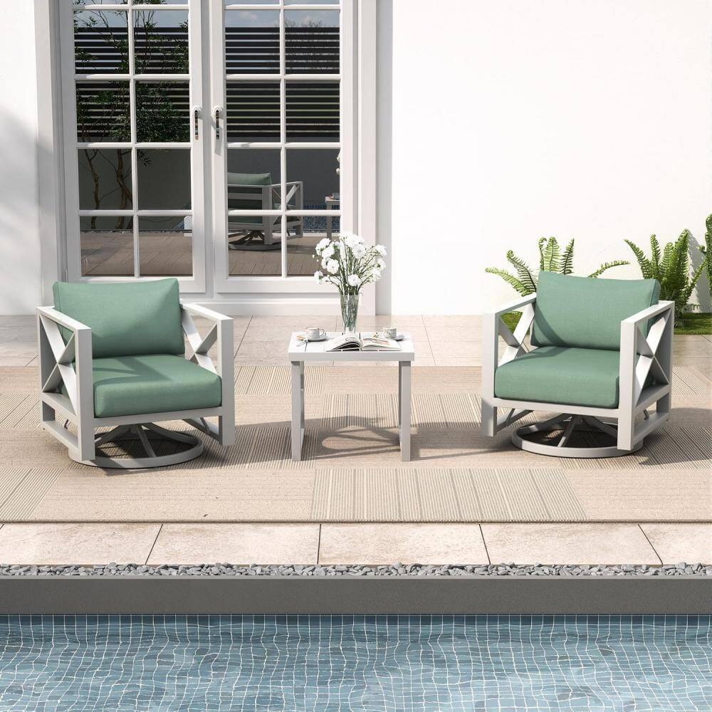 3 Piece Patio Outdoor Aluminum Square Tube Frame Swivel Rocking Chair with Coffee Table, White price history on PriceWatchPro
