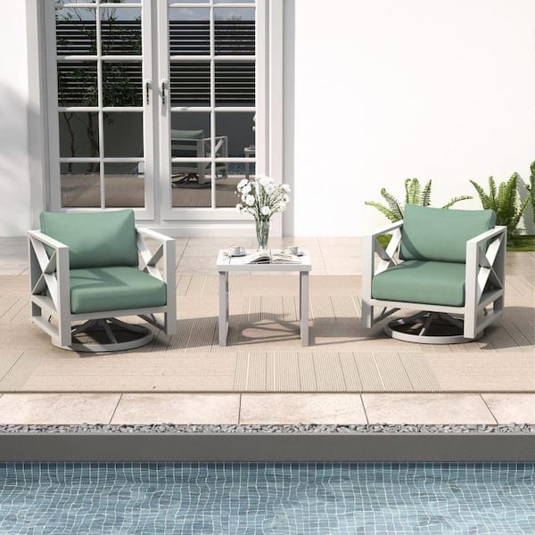 3 Piece Patio Outdoor Aluminum Square Tube Frame Swivel Rocking Chair with Coffee Table, White