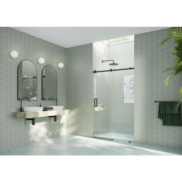 Astro 52 in. W x 78 in. H Sliding Frameless Shower Door with Square Hardware in Matte Black with Clear Glass