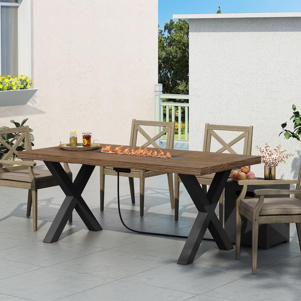 30 H x 70 in. W Outdoor Patio Propane Fire Pit Concrete Wood Grain Fire Tab