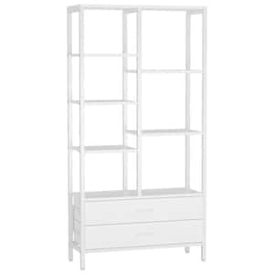 Eulas 67 in. Tall White Wood 5-Shelf Modern Etagere Bookcase with Open Storage Space, 2-Drawer and Display Rack