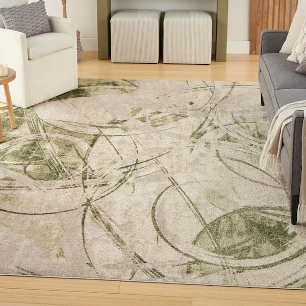 Astra Machine Washable Beige Green 9 ft. x 12 ft. Abstract Contemporary Area Rug