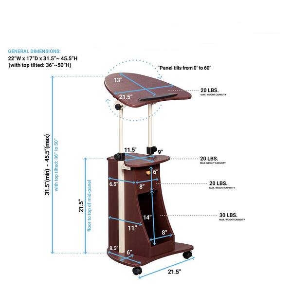 Costway Set of 2 Height Adjustable Standing Desk Mobile Podium w/Tilt - Black - 21.5'' x 15.5'' x 27-45