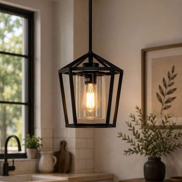 1-Light Matte Black Farmhouse Cage Pendant Light with Clear Cylinder Glass Shade for Dining Room and Kitchen Island