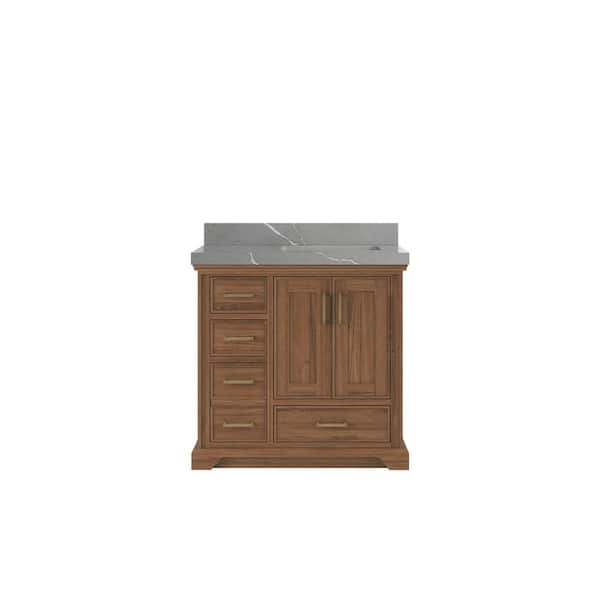 Willow Collections Charlotte Teak 36 in. W x 22 in. D x 36 in. H Right Offset Sink Bath Vanity Dark Natural with 2 in. Piatra Quartz Top