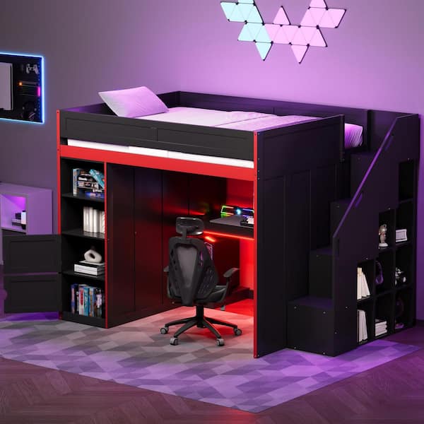 Black Full Size Wood Gaming Loft Bed with Desk, Storage Staircase, LED Light, Wardrobe, Lockers, Shelves, Bed Rails