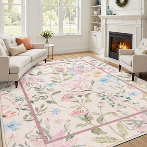 Pink Love Pink 8 ft. x 10 ft. Floral Washable Area Rug