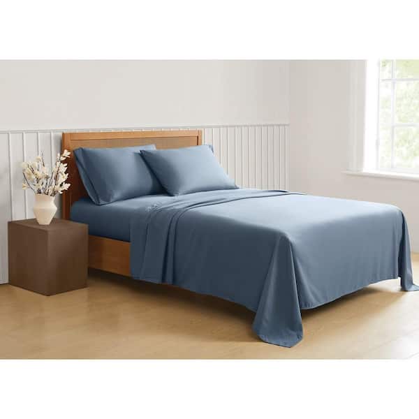 Green Solid Recycled Polyester Blue California King 4 Piece Sheet Set