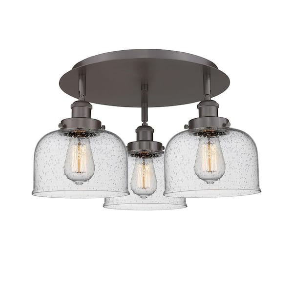 Bell 19.75 in. 3-Light Oil Rubbed Bronze Art Nouveau Flush Mount with Seeded Glass Shade