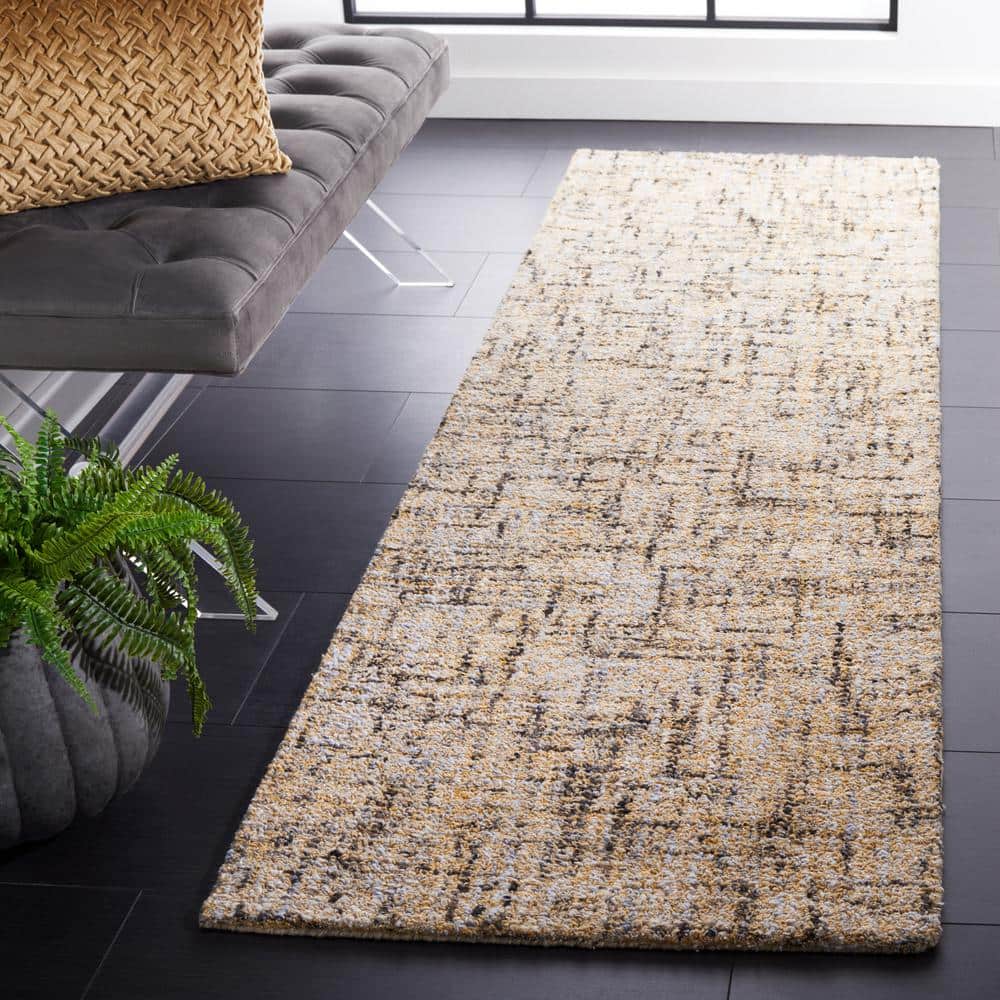 Beige and Gold Abstract Hand-Tufted Wool Runner Rug