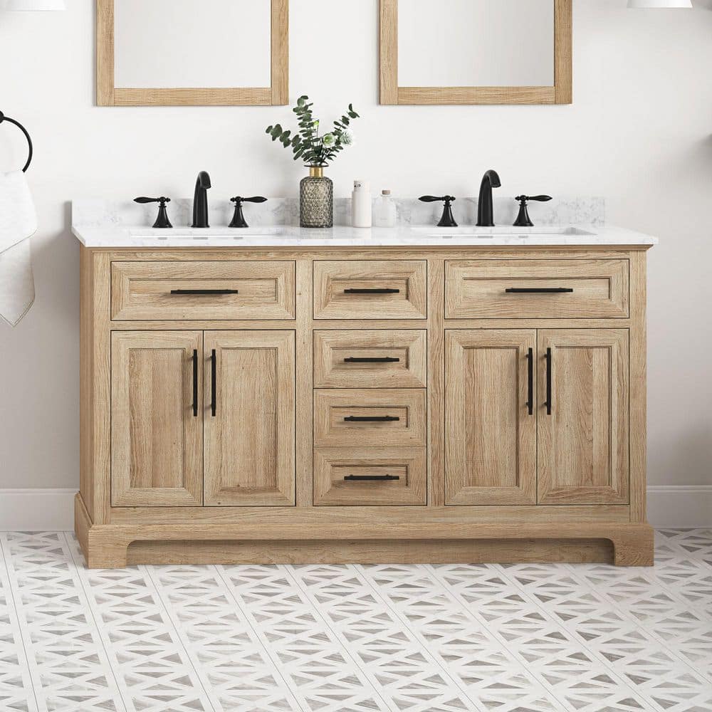 Doveton 60 in. Double Sink Freestanding Weathered Tan Bath Vanity with White Engineered Marble Top Assembled