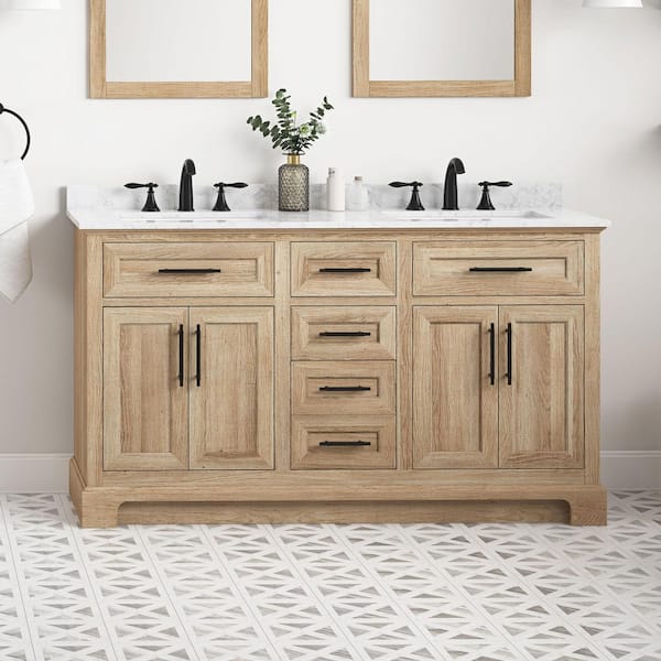 Doveton 60 in. Double Sink Freestanding Weathered Tan Bath Vanity with White Engineered Marble Top (Assembled)