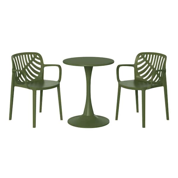Frond and Form Outdoor Patio Modern 3-Piece Round HDPE Plastic Bistro Dining Set with Stackable Chairs, Olive Green