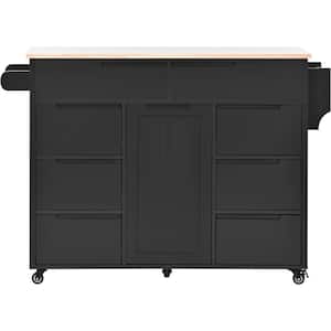 Black Wood 53.1 in. Kitchen Island with 8 drawers, 1 Adjustable Shelves and Storage Cabinet