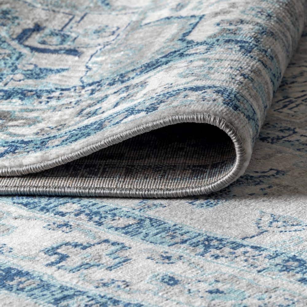 Light Grey and Blue Round Synthetic Reversible Rug