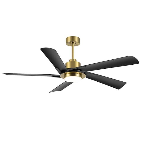 Arthur 60 in. Integrated LED Gold Ceiling Fan with Light, Downrod, Black Propeller Blade and Remote Control Included