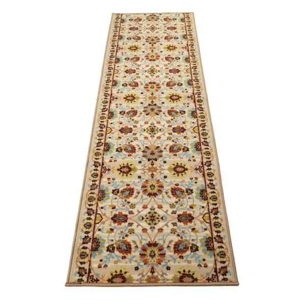Custom Rubber Flower Collection Cream 26 in. W x 12 in. L Stair Runner 2.17 sq. ft.