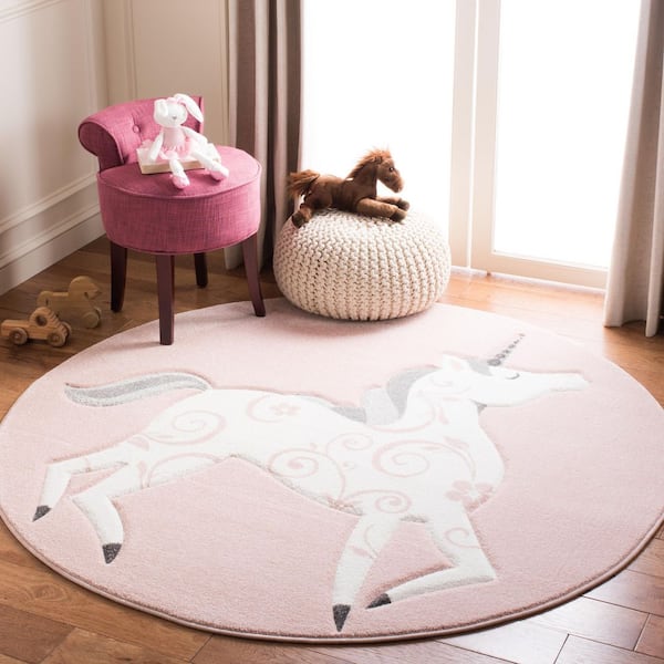 Carousel Kids Pink/Ivory Doormat 3 ft. x 3 ft. Animal Print Solid Color Round Area Rug
