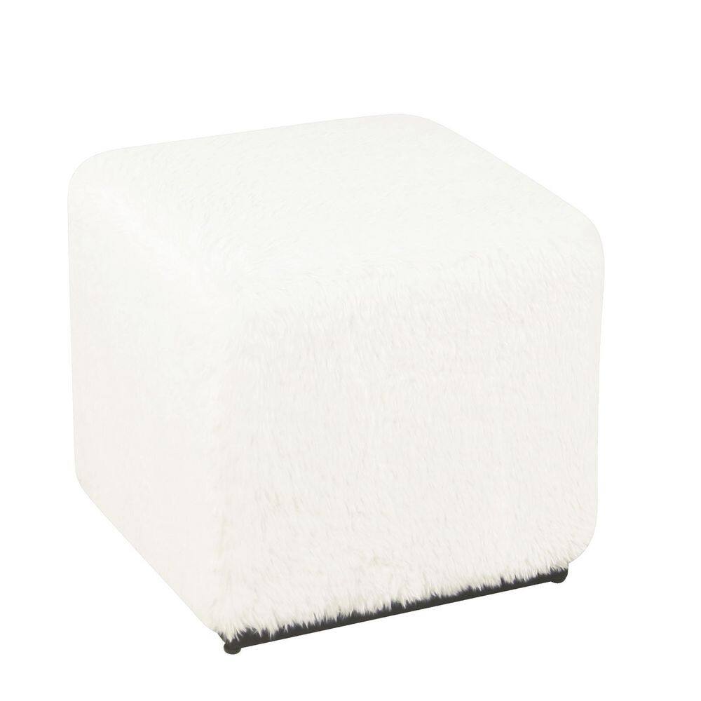 White Faux Fur Cube Ottoman with Metal Base